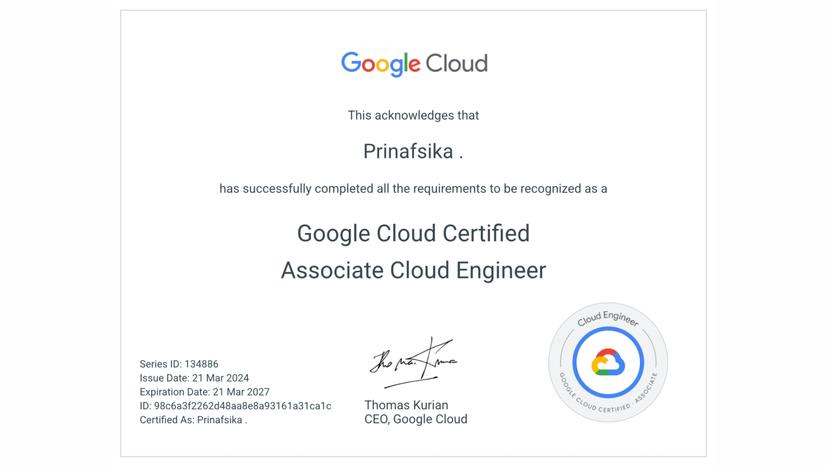 Certificate of Completion for ACE (Associate Cloud Engineer) from Google Cloud