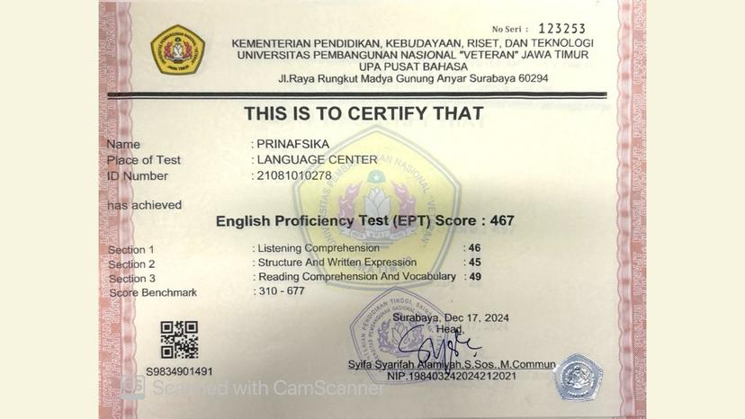 Certificate of Completion for EPT (English Proficiency Test) from UPN Veteran Jawa Timur